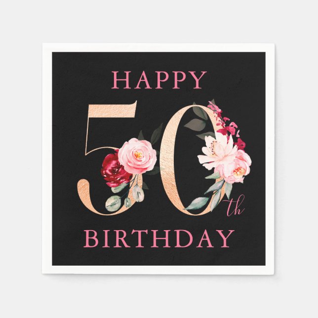 Happy 50th Birthday Gold Black Floral Party  Napkins (Front)