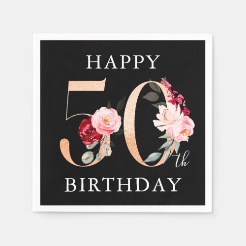 Happy 50th Birthday Gold Black Floral Party  Napkins