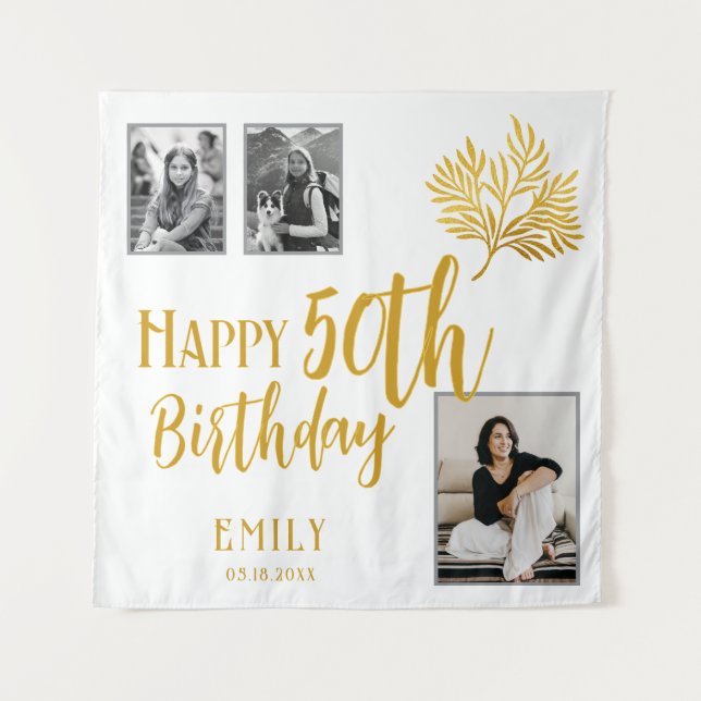 Happy 50th Birthday Gold Foliage 3 Photo Backdrop (Front)