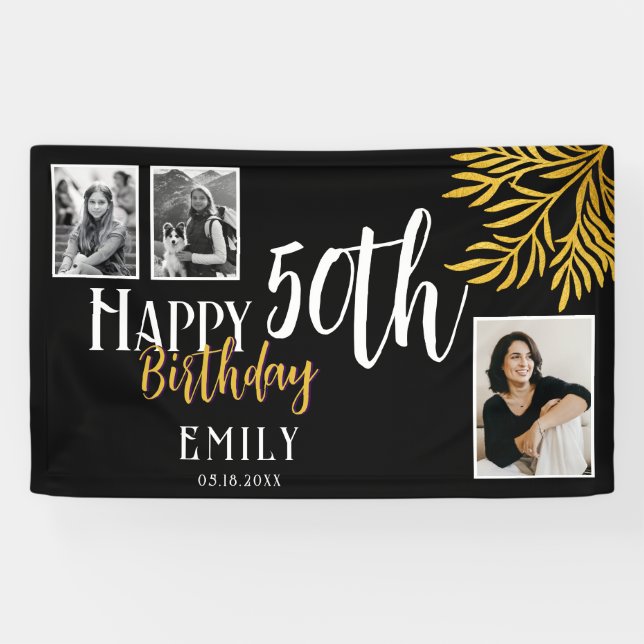Happy 50th Birthday Gold Foliage 3 Photo Backdrop Banner (Horizontal)