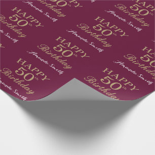 Happy 50th Birthday Gold Glitter and Burgundy Red Wrapping Paper