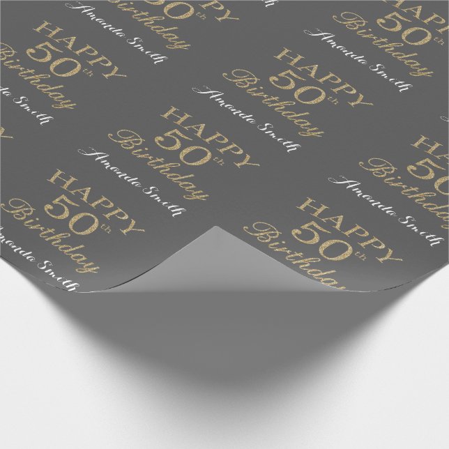Happy 50th Birthday Gold Glitter and Gray Wrapping Paper (Corner)