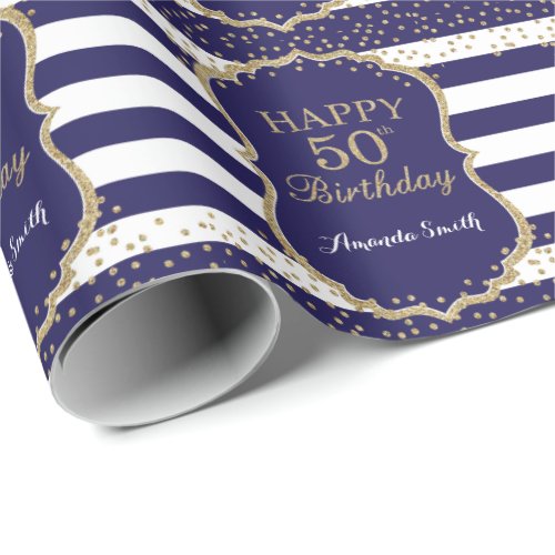 Happy 50th Birthday Gold Glitter and Navy Blue Wrapping Paper