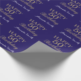 Happy 50th Birthday Gold Glitter and Navy Blue Wrapping Paper