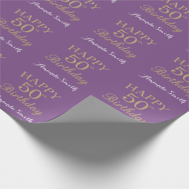 Happy 50th Birthday Gold Glitter and Purple Wrapping Paper (Corner)