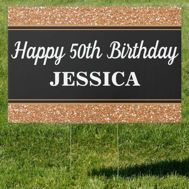 Happy 50th Birthday Gold Glitter Black Sign (Insitu)