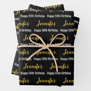 Happy 50th Birthday Gold Name Black and White Wrapping Paper Sheets