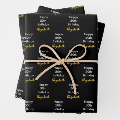 Happy 50th Birthday Gold Name Script Black &amp; White Wrapping Paper Sheets