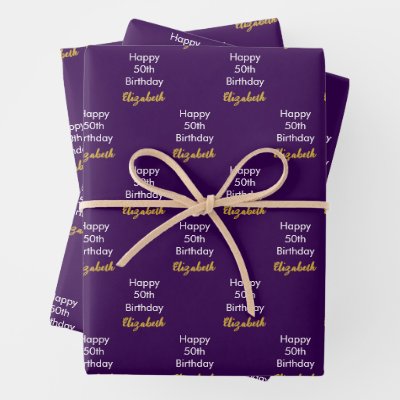 Happy 50th Birthday Gold Name Script Dark Purple Wrapping Paper Sheets