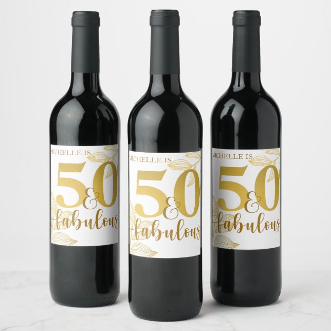 Happy 50th birthday gold typography botanical wine label (Bottles)