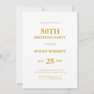 Happy 50th Birthday gold typography on white Invitation
