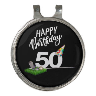 Happy 50th Birthday golfer ball and iron on green Golf Hat Clip