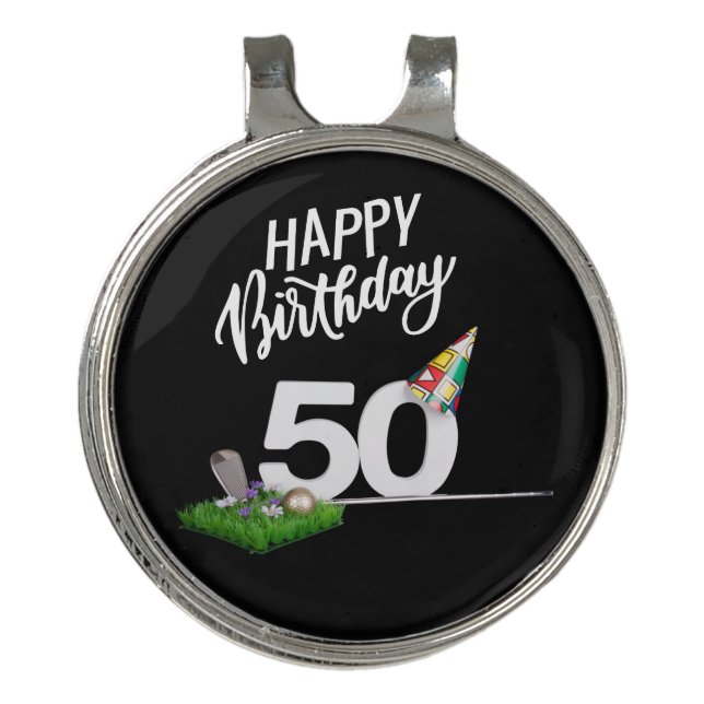 Happy 50th Birthday golfer  ball and iron on green Golf Hat Clip (Front)