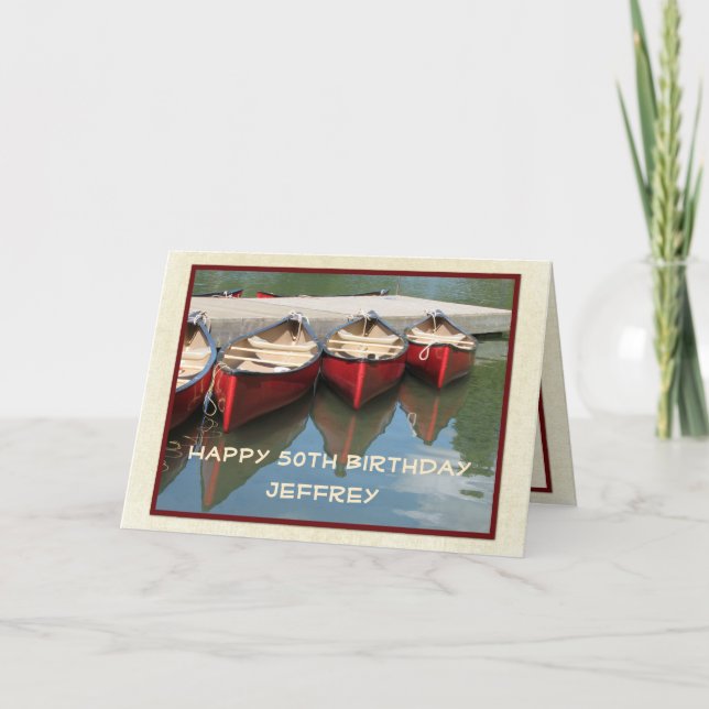 Happy 50th Birthday Greeting Card, Red Canoes Card (Front)