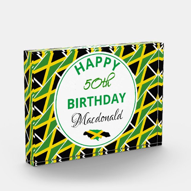 HAPPY 50th BIRTHDAY Jamaica Flag Custom Keepsake Acrylic Award (Left)