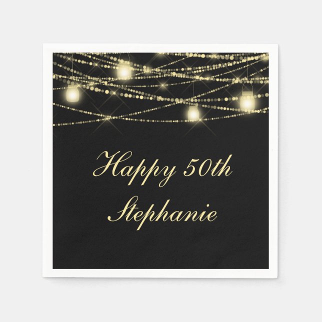 Happy 50th Birthday Mason Jars Lights Black Gold Napkins (Front)