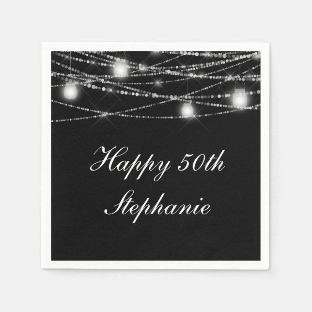 Happy 50th Birthday Mason Jars Lights Black White Napkins (Front)