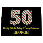 [ Thumbnail: Happy 50th Birthday & Merry Christmas, Custom Name Gift Bag ]