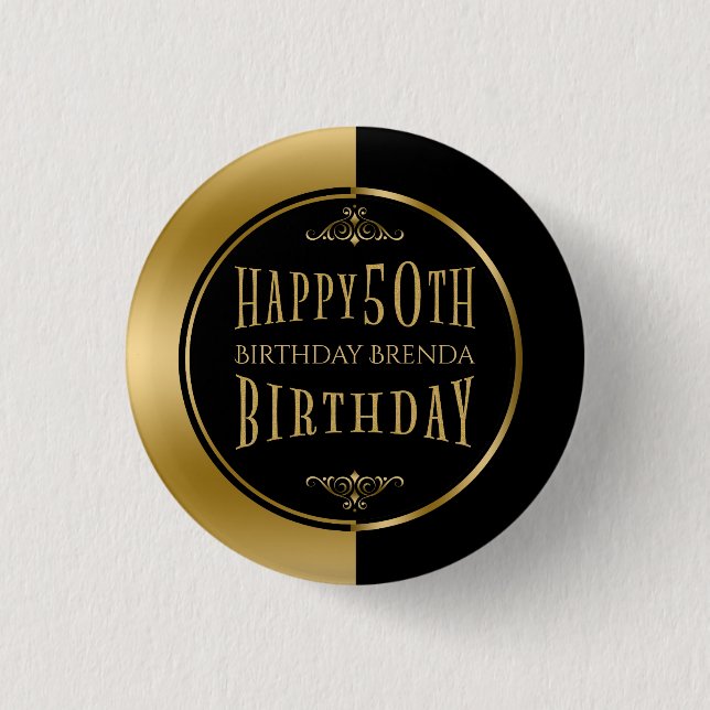 Happy 50th Birthday Modern Geometric Black & Gold Button (Front)