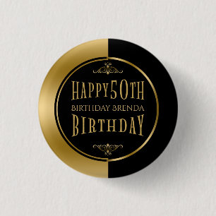 Happy 50th Birthday Modern Geometric Black & Gold Button