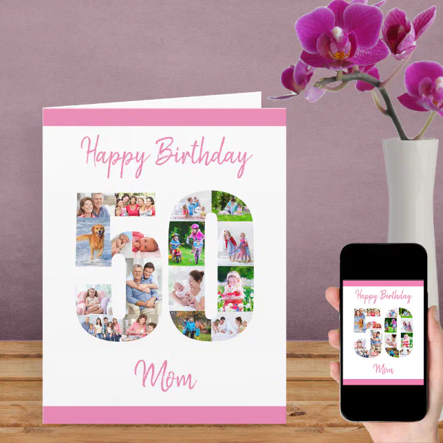 Happy 50th Birthday Mom Number 50 Photo Collage Card | Zazzle