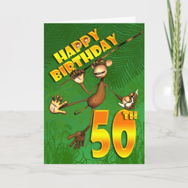 Happy 50th Birthday monkey swinging through the tr Card (Front)