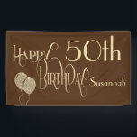 Happy 50th Birthday Name Gold Text Brown Banner<br><div class="desc">A design of decorative typography in gold on a background of dark brown to display at your 50th birthday celebrations! Happy Birthday is set in an ornate script typography and the age is in a cordinating typeface. Easily personalise your name. Faux sparkly gold balloons add the perfect finishing party touch!...</div>