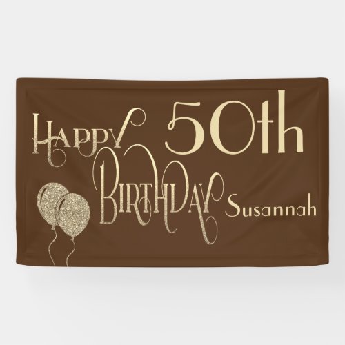 Happy 50th Birthday Name Gold Text Brown Banner