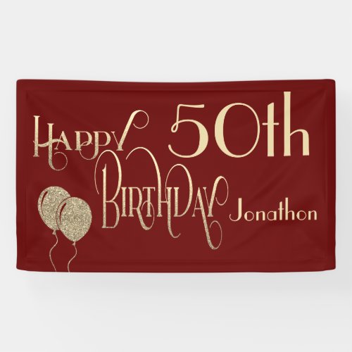 Happy 50th Birthday Name Gold Text Burgundy Banner