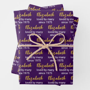 Happy 50th Birthday Name Gold White and Purple Wrapping Paper Sheets
