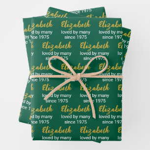 Happy 50th Birthday Name Gold White & Hunter Green Wrapping Paper Sheets