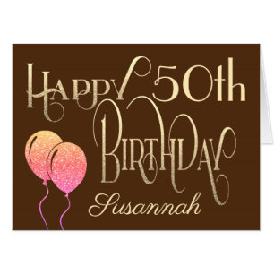 Happy 50th Birthday Name Ornate Script Gold Brown Card