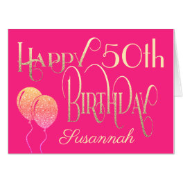 Happy 50th Birthday Name Ornate Script Gold Pink Card
