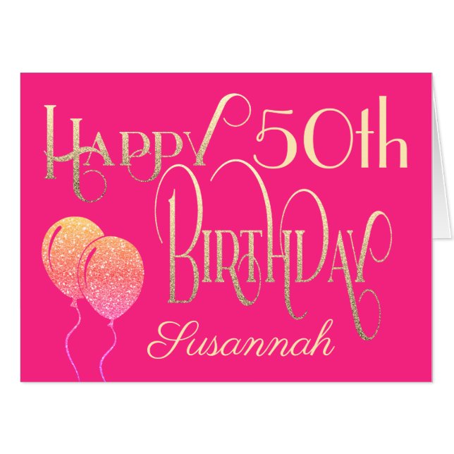 Happy 50th Birthday Name Ornate Script Gold Pink Card (Front Horizontal)