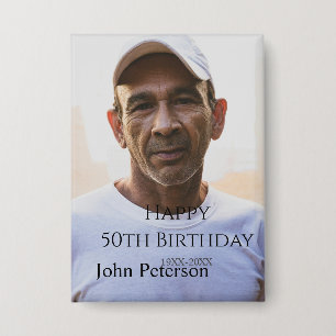 Happy 50th birthday name photo year man simple min button