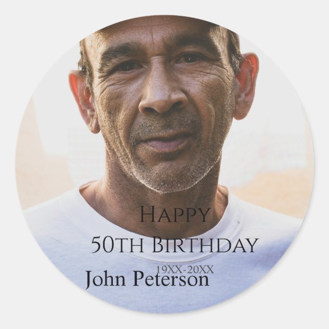 Happy 50th birthday name photo year man simple min classic round sticker (Front)