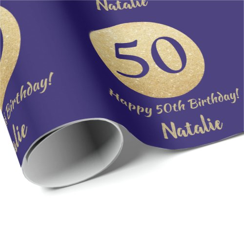 Happy 50th Birthday Navy Blue and Gold Glitter Wrapping Paper