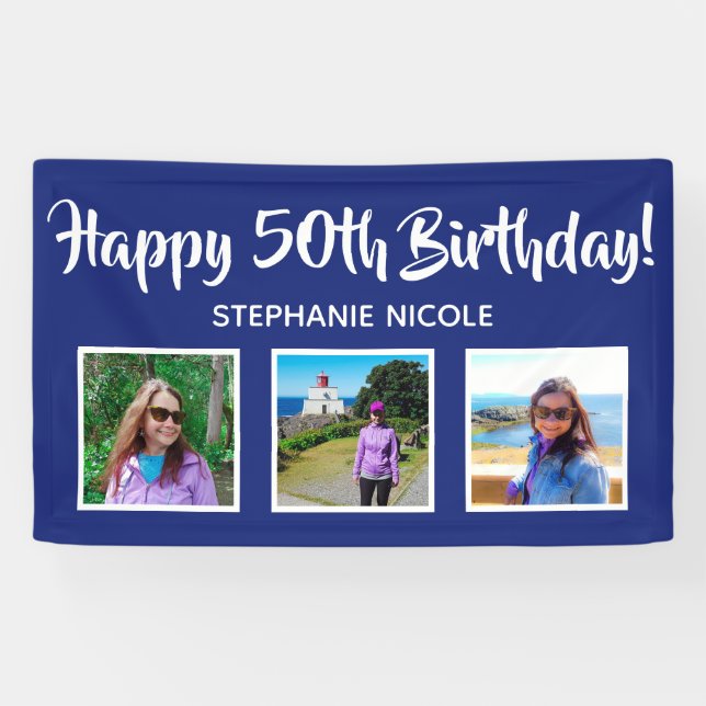 Happy 50th Birthday Navy Personalized 3 Photos Banner (Horizontal)