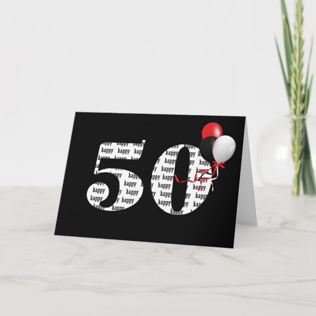Happy 50th Birthday On Black With Balloons Card (Front)