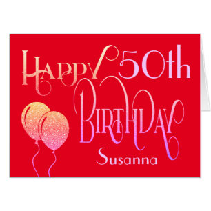 Happy 50th Birthday Ornate Script Name Red Card