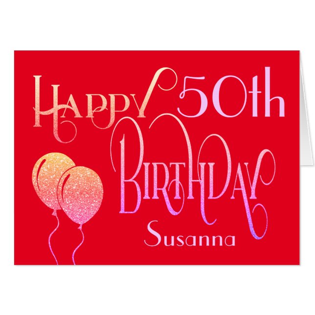Happy 50th Birthday Ornate Script Name Red Card (Front Horizontal)