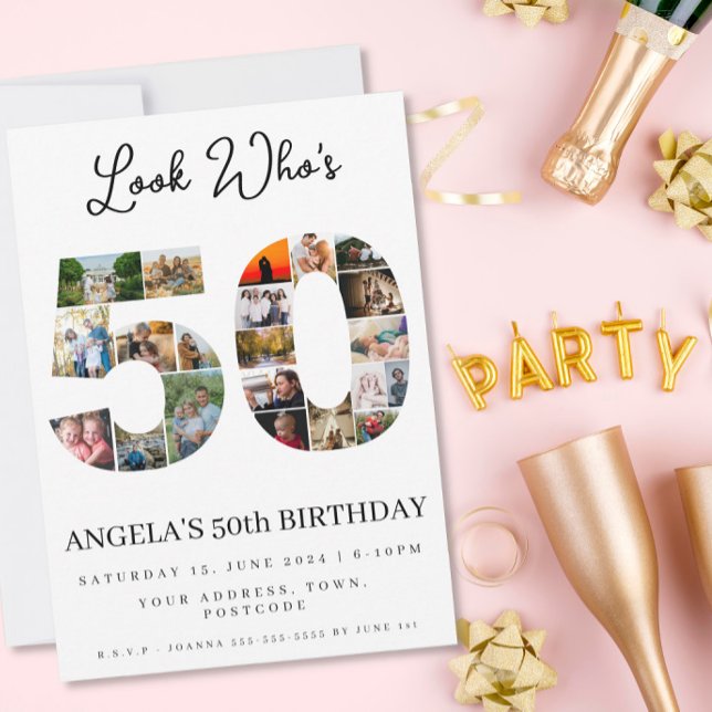 happy 50th birthday Photo Collage gold and white Invitation (Creator Uploaded)