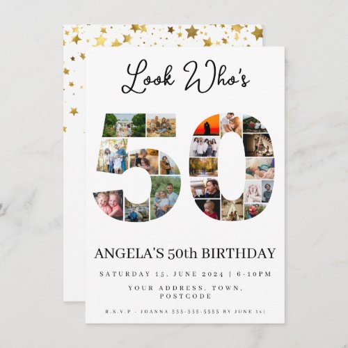 happy 50th birthday Photo Collage gold and white Invitation