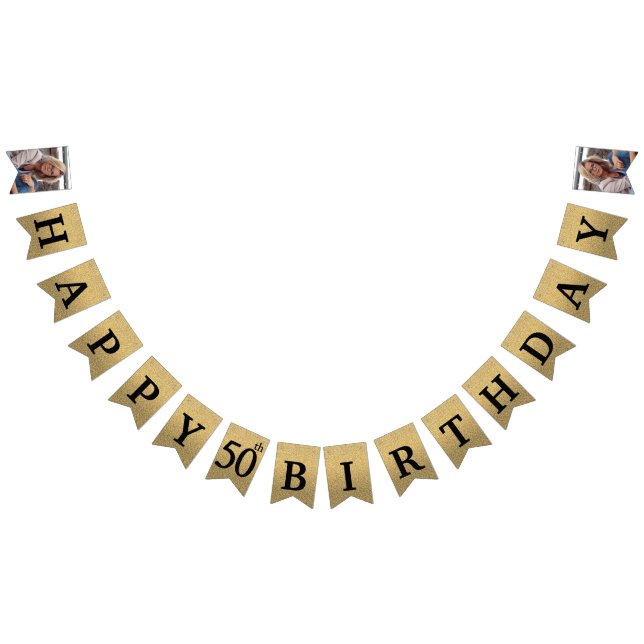 Happy 50th Birthday Photo Gold Glitter Bunting Flags (All)