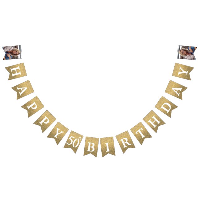 Happy 50th Birthday Photo Gold Glitter Bunting Flags (All)