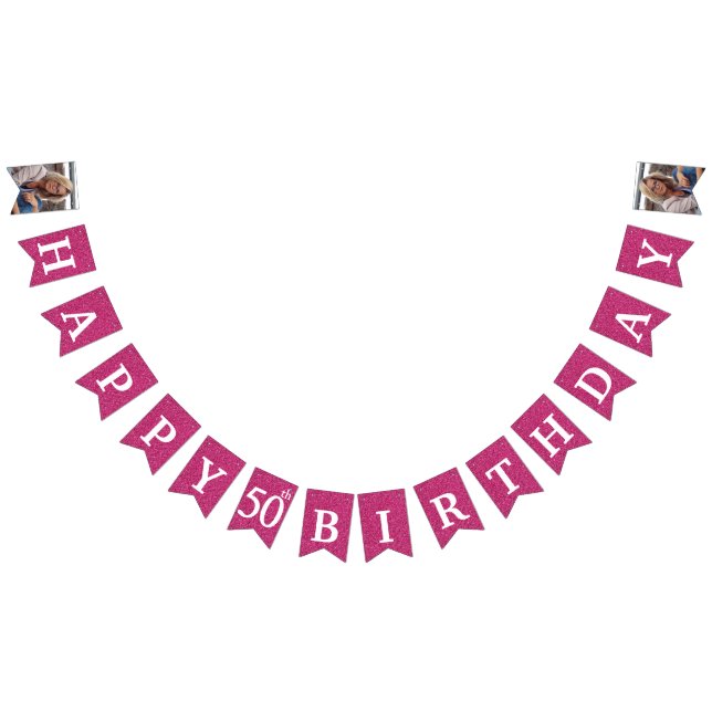 Happy 50th Birthday Photo Hot Pink Glitter Bunting Flags (All)