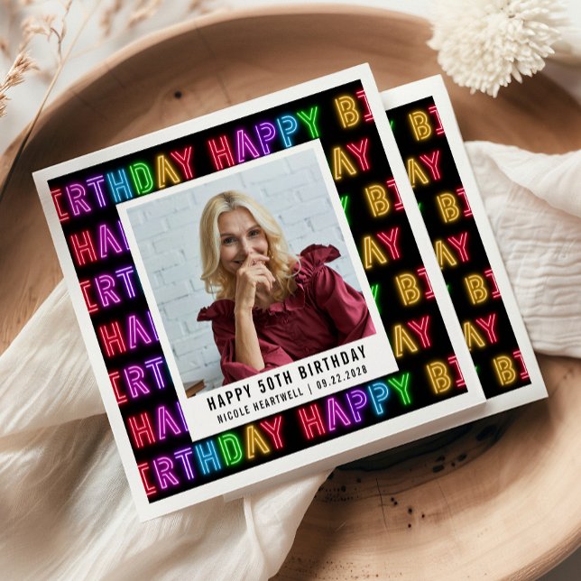 Happy 50th Birthday Photo Rainbow Neon Napkins (Creator Uploaded)