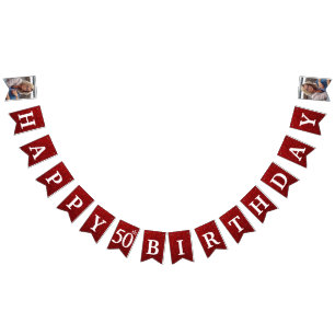 Happy 50th Birthday Photo Red Glitter Bunting Flags