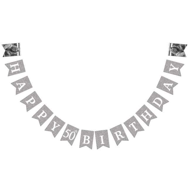 Happy 50th Birthday Photo Silver Glitter Bunting Flags (All)