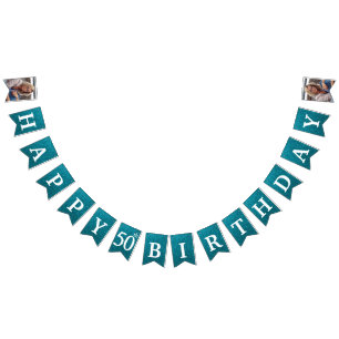 Happy 50th Birthday Photo Teal Glitter Bunting Flags
